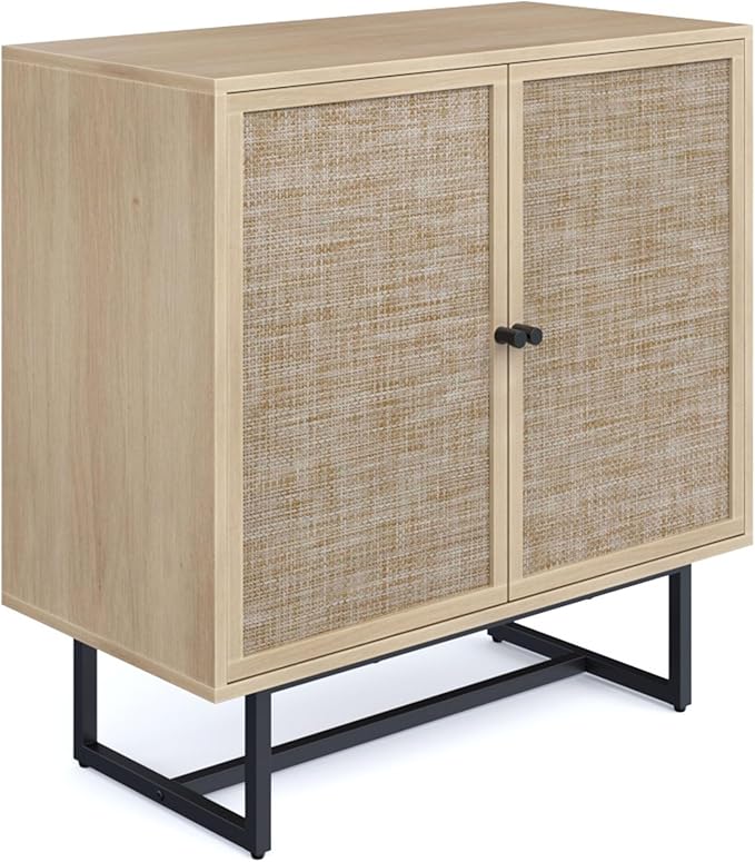 Nathan James Kova Rattan Wood Accent Sideboard Storage Cabinet TV Stand with Matte Metal Frame, Adjustable Shelves and Cane Doors, for Hallway, or Living Room, Light Oak/Cane/Black, Set of 2