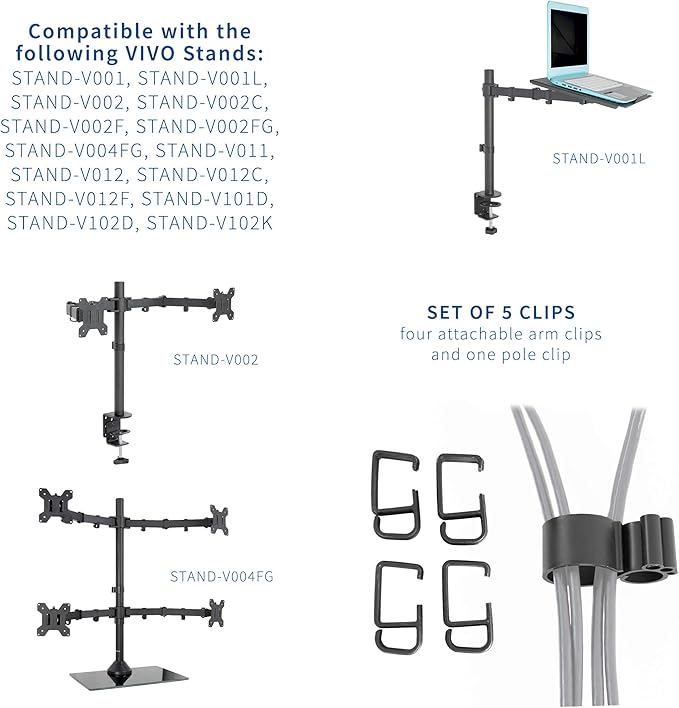 VIVO Cable Management Clips for Desk Monitor Stands, Computer Office Workstation Cord Organization Kit, 1 Pole and 4 Arm Clips, Set of Monitor Mount Wire Holder Hooks, Black, PT-SD-WC05C