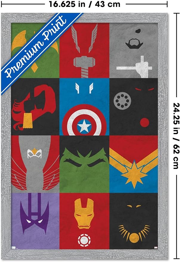 Marvel Comics Avengers - Minimalist Grid Wall Poster, 22.4L" x 14.7W", Gray Framed Version