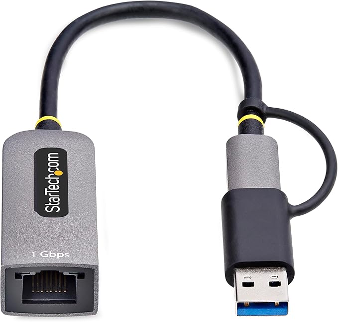 StarTech.com USB-C to Ethernet Adapter w/USB-A Dongle, 10/100/1000Mbps, USB GbE Adapter, 6in/15cm Attached Cable, Status LEDs