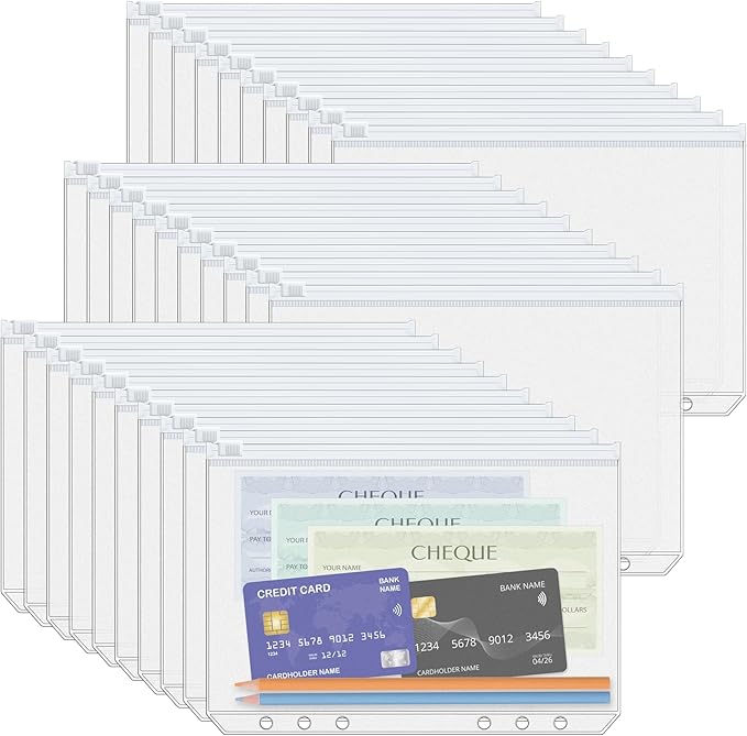 Antner 30pcs A5 Binder Pockets 6-Hole Budget Planner Inserts Cash Stuffing Envelopes for Money Organizer, White Zipper Pouch Folders Waterproof PVC Loose Leaf Filling Bags for A5 6-Ring Savings Binder