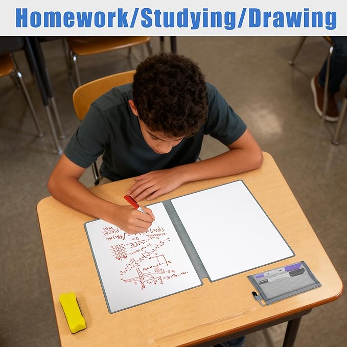 Portable White Board Dry Erase Notebook 12" x 9" (A4), Double Sided Folding Reusable Whiteboard with 3 Markers & 1 Pen Bag, Anti-Ghosting & Anti-Smudg Surface Notebook for Study, Meeting (Blue)