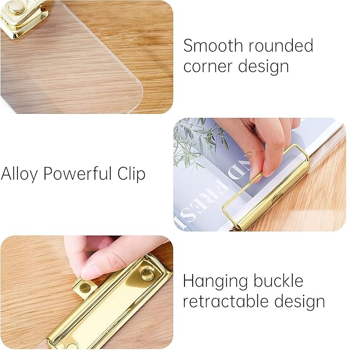 Honagu Acrylic Clear Clipboards, 8.5x11 Plastic Clipboard with Gold Strong Clip Hidden Hanging Hole, A4 Letter Size Clipboards for Nurses, Doctors, Art Student, Teachers,School & Office Supplies, 2PC