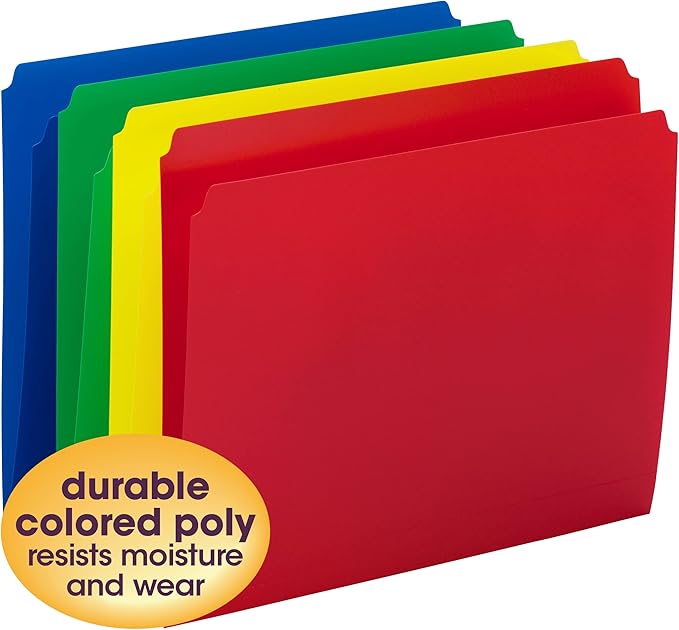Smead Poly File Folder, Straight-Cut Tab, Letter Size, Assorted Primary Colors, 12 Count