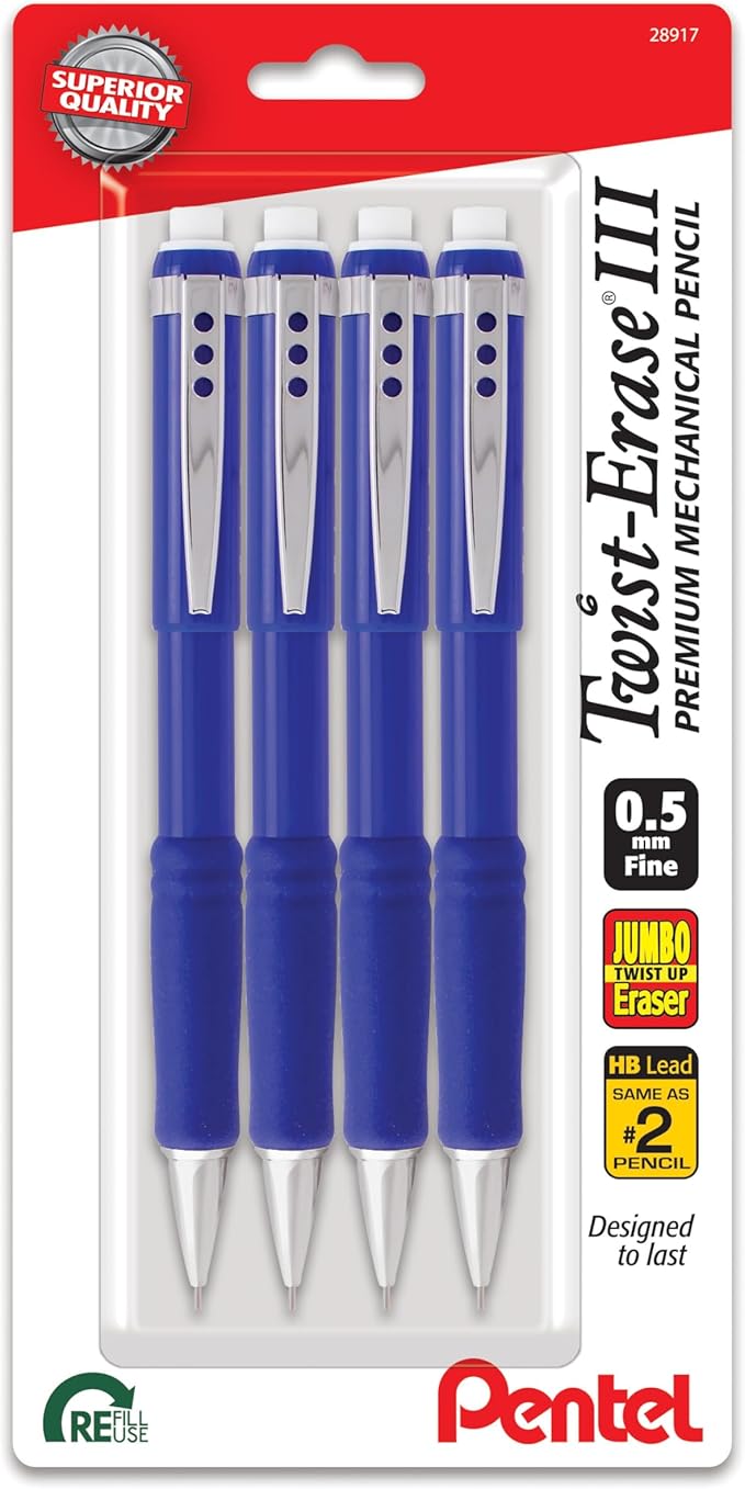 Pentel Twist-Erase III Mechanical Pencil, (0.5mm), Fine Line, Blue Barrel, Pack of 4 (QE515BP4C)