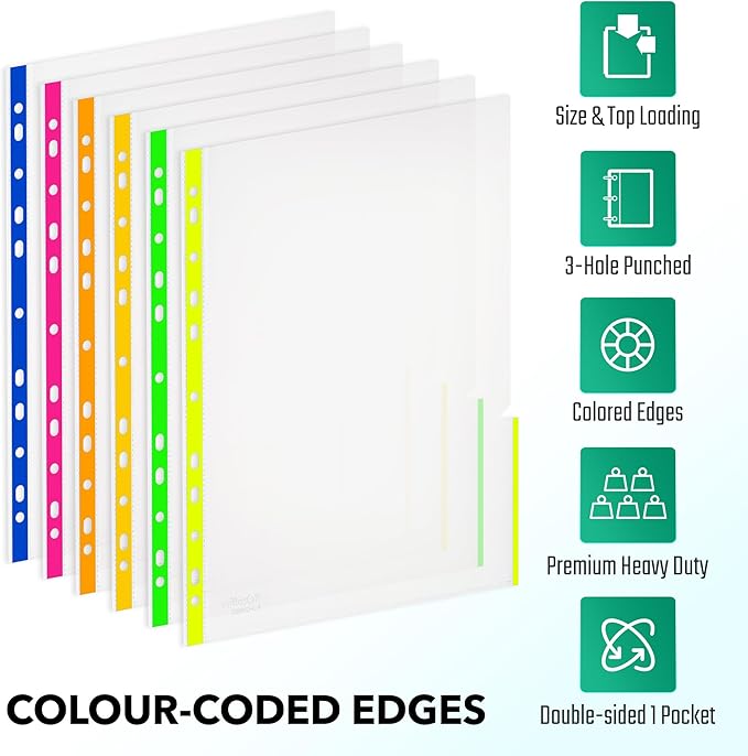 24 Pack, Color Edges Plastic Sheet Protectors 8.5"x11", Premium Heavy Duty, Top & Side Loading, Page Protectors Sheet Reinforced 11-Hole Fit for 2/3/4 Ring Binder