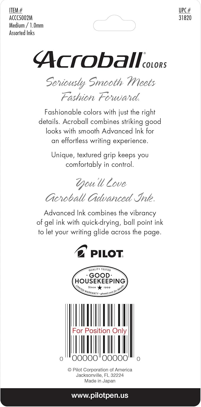 PILOT Acroball Colors Advanced Ink Refillable & Retractable Ball Point Pens, Medium Point, Black/Blue/Red/Green/Purple Inks, 5-Pack (31820)