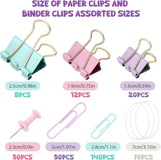 350 Pcs Paper Clips Assorted Sizes, Colored Binder Clip Paper Clamps Office Clips Set Push Pins Rubber Bands Teacher Supplies for Classroom Office Easter Gifts
