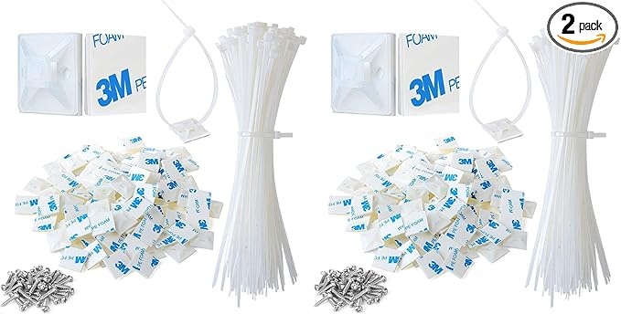 3/4" 3M Back-Glue Self Adhesive White Strong Cable Zip Tie Mounts 100pcs with 8" Ties, Screws, Outdoor Sticky Wire Fasteners Cable Clips Management Anchors Organizer Holders Squares (Pack of 2)