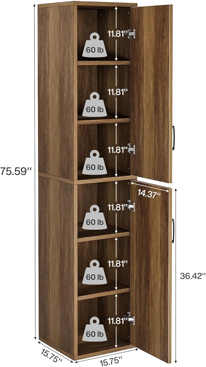 Tribesigns 75" Tall Narrow Storage Cabinet Set of 2, Modern Farmhouse Pantry Cabinet with Doors and 6 Shelves, Skinny Freestanding Utility Cabinet for Kitchen, Bathroom, Laudry, Living Room, Brown