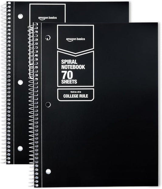 Amazon Basics College Ruled Spiral Notebook, For Work and School, 70 Sheets, 8" x 10.5", Black, 2 pack