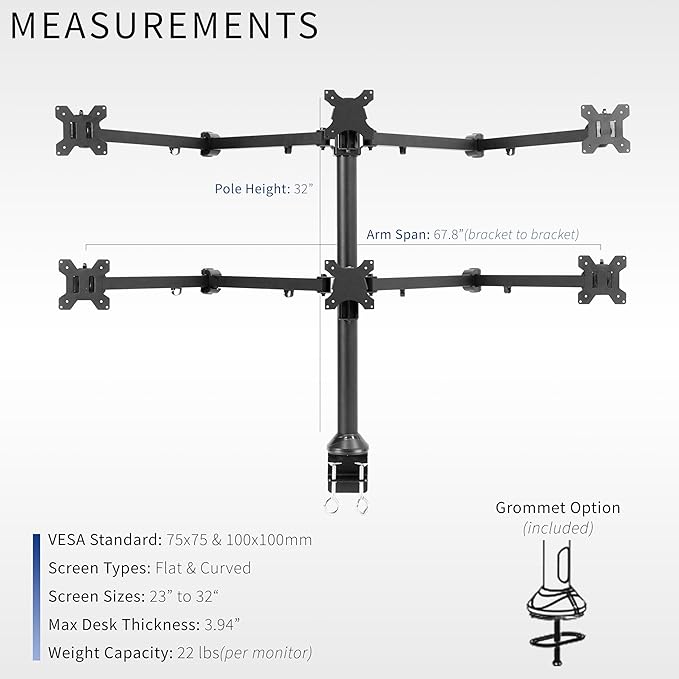 VIVO Steel Hex Monitor 23 to 32 inch LED LCD Clamp-on Desk Mount, Heavy Duty Articulating VESA Computer Stand, Holds 6 Screens, Fully Adjustable for Home Office Workstation, Black, STAND-V106A