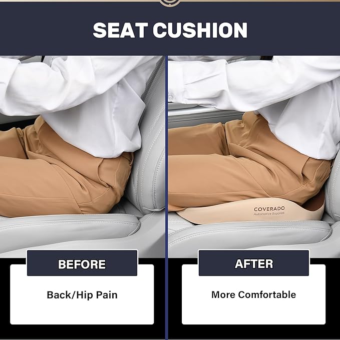 Coverado Car Seat Cushion with Memory Foam, Ergonomic Driving Seat Cushion Back Pain Relief, Thickness: 4.31 inches Non-Slip Washable Cushion for Car, Driver, Office, Wheelchair