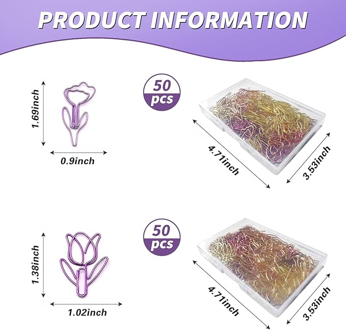Hesena 100 Pcs Cute Flower Shaped Paper Clips Set, 50 Pcs Floral & 50 Pcs Tulip Shaped Shape Paper Clipss, for Office and Home (Flower Shaped)