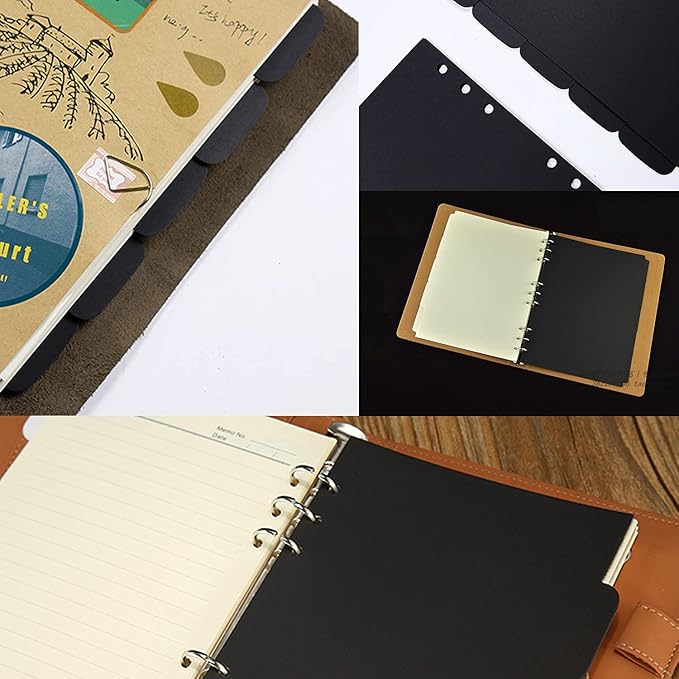 Honbay 4 Sets of A5 6-Holes Kraft Paper Index Page Tab Cards for A5 6 Ring Binders (Black)