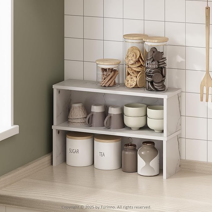 Furinno Helena Kitchen Countertop Organizer Set of 2, 18-Inch Kitchen Counter Shelves, Stackable Organizer Shelf, Spice Rack for Pantry, Coffee Bar, Light Marble