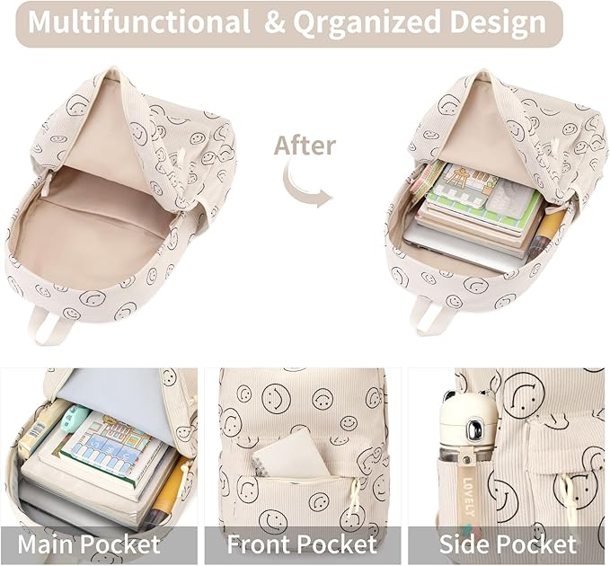 Backpack for Girls Boy Teen Corduroy Bookbags Elementary Middle High School Women Laptop Bag with Lunch Box Pencil Bag (Smile Beige)