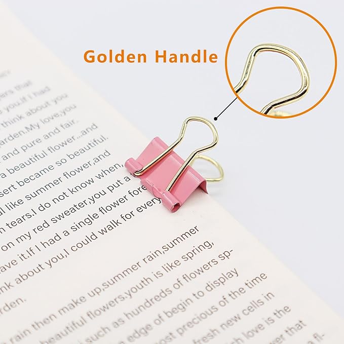 Pink Binder Clips, Gold Handles Mini Paper Clip, Small Paper Clamps 15mm (5/8 inch), 100 Pack Micro Size Office Clips for Home School and Business