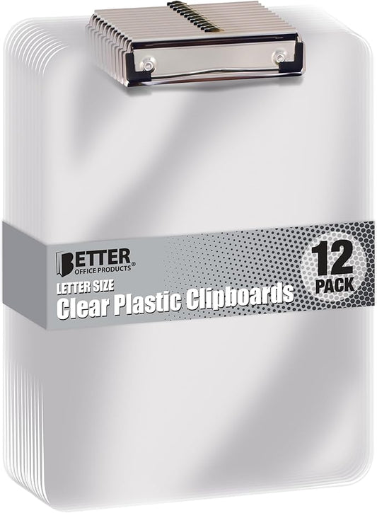 Better Office Products Clear Plastic Clipboards, 12 Pack, Durable, 12.5 x 9 Inch, Low Profile Clip, Translucent Clear, Set of 12