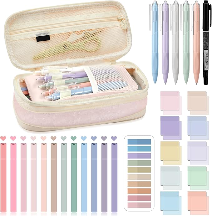 Jutom 39 Pcs Aesthetic Book Annotation Kit Highlighter with Pencil Case Bag Gel Pen Transparent Sticky Note Taking Bible Study College School Supplies(Pink,Cute Style)
