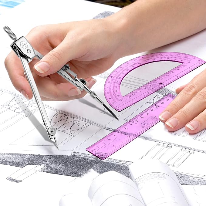Zonon 3 Pcs Plastic Ruler 6 Inch Protractor Drawing Compass Set, Student Geometry Math Transparent Measuring Tools for Home School Classroom Office Supplies(6 Inch,Pink)