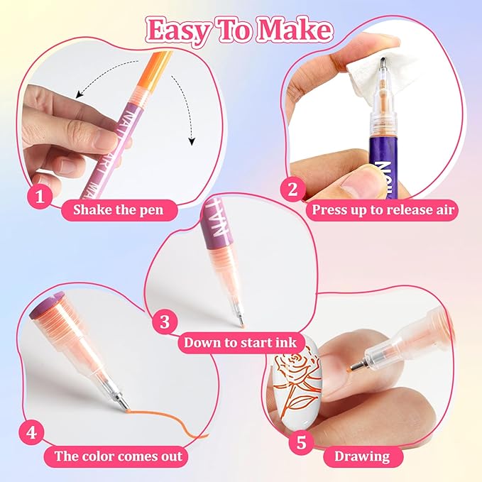 Nail Art Pens 12 Colors Set of 19pcs,3D Quick-Dry Nail Art Markers Polish Pen,Diy Nail Art Tools for Dotting Drawing Painting Point Liner,Home & Salon Manicure Tools