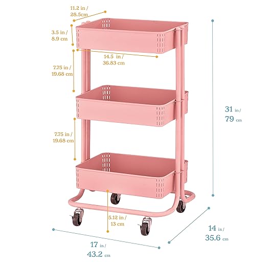 ECR4Kids 3-Tier Metal Rolling Utility Cart, Multipurpose Storage, Pink