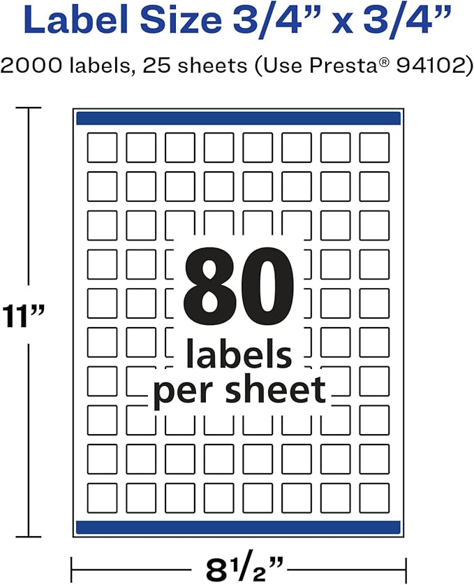 Avery Glossy White Square Labels, Sure Feed Technology, 3/4" x 3/4", 2,000 Glossy White Labels, Print-to-The-Edge, Permanent Adhesive, Laser/Inkjet Printable