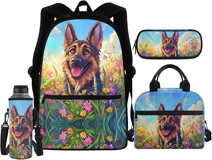 German Shepherds Backpack for Girls Boys 6-8 10-12 Kids School Bag Set with Lunch Bag Pencil Case Kindergartner Elementary Preschool Middle School Bookbag Water Bottle Sleeve