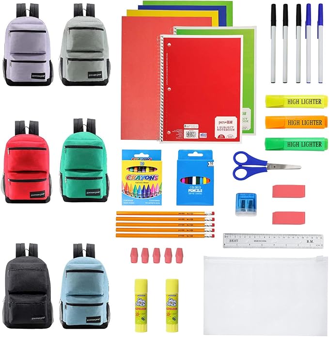 12-Pack 19” Sport Backpacks with 52 Piece School Supplies Kits - Pens, Pencils, Crayons – Bulk Bundle for Elementary, Middle, and High School Students, 6 Assorted Styles