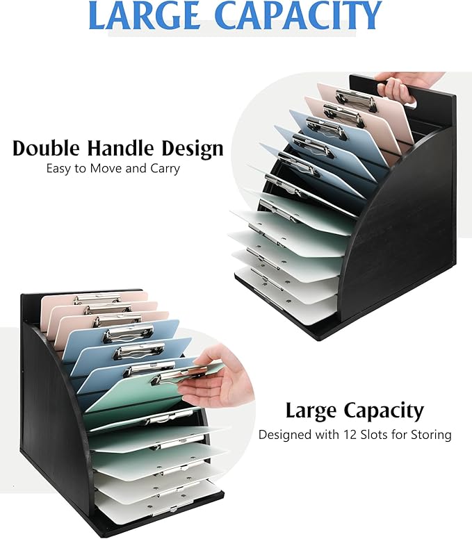 HULISEN Clipboard Holder, Wooden Clipboard Organizer with Raised Side Panel, Clip Board Storage Rack for Classroom and Office, Clip Boards not Included, Black