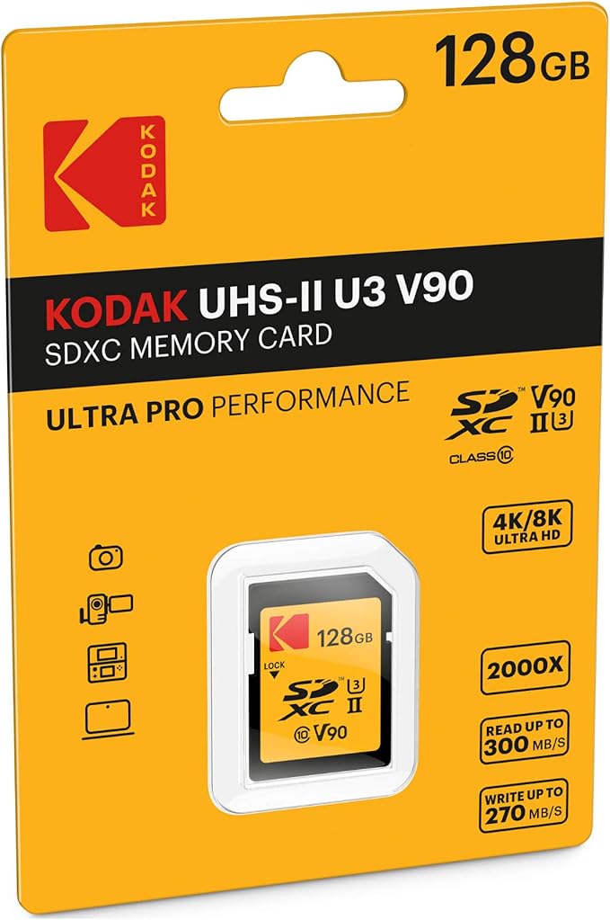 Kodak 128GB UHS-II U3 V90 Ultra Pro SDXC Memory Card - Up to 3000MB/s Read Speed and 270MB/s Write Speed