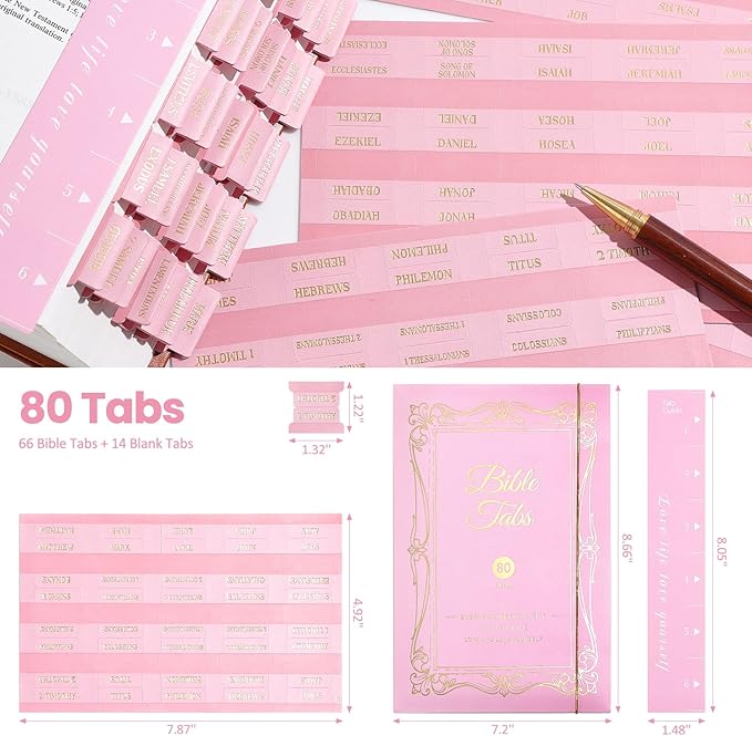 Leather Bible Tabs, Bible Tabs for Women and Men(Gold Foil Lettering) Large Print Stickers, Easy to Read and Apply, 66 Chapters & 14 Blank DIY Labels for Easy Navigation, Christian Accessories(Pink)