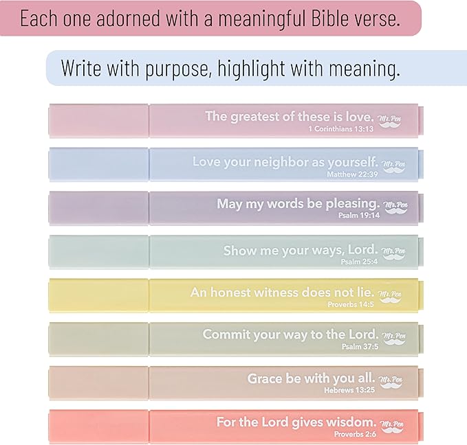 Mr. Pen- Bible Highlighters with Bible Verses, 8 Pack, Assorted Colors, Aesthetic Highlighters, Markers No Bleed Through
