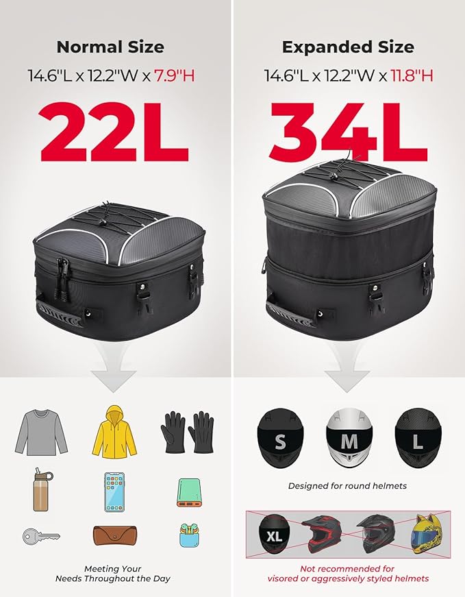 KEMIMOTO Motorcycle Tail Bag, Dual Use Motorcycle Rear Seat Bag with Waterproof Rain Cover, 22L-34L Expandable Motorbike Helmet Bag Luggage Storage Backpack with 6 straps