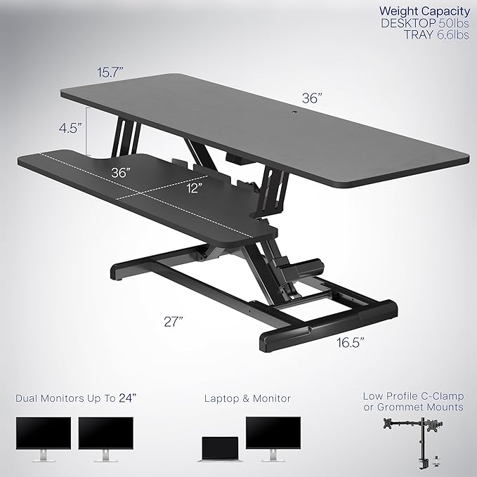 VIVO 36 inch Electric Motor Desk Converter, Height Adjustable Riser, Sit to Stand Dual Monitor and Laptop Workstation with Wide Keyboard Tray, Black, DESK-VE36B