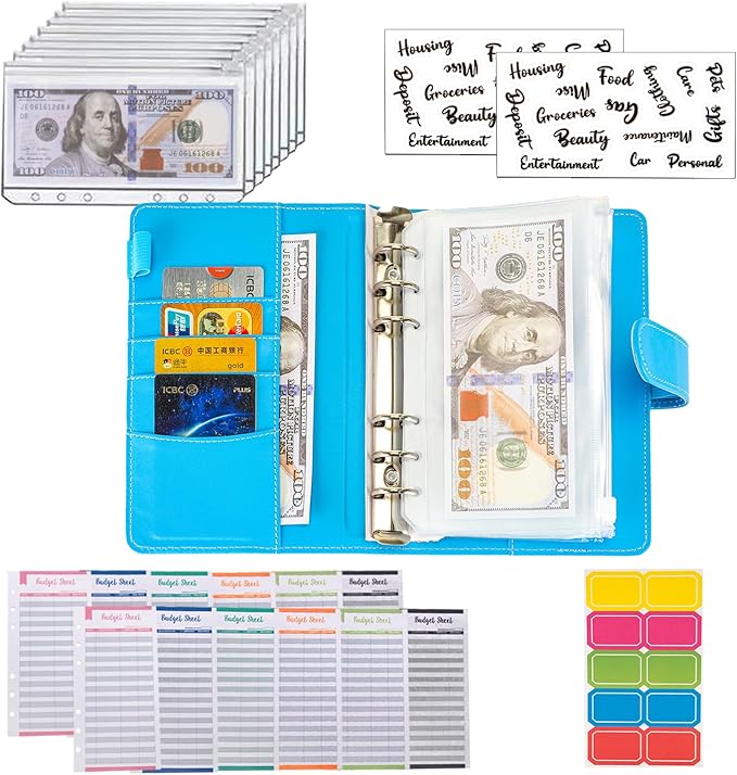 NICOOTHBudget Binder Cash Envelopes A6 Money Saving Binder with Zipper envelopes (Dark Blue)
