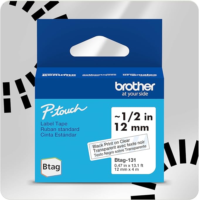 Brother Genuine P-Touch Btag BTAG131 Black on Clear Label Tape ~1/2in by 13.1ft (12mm x 4m). (Works Only with Brother PT-N10, PT-N20, PT-N25BT Label Makers)