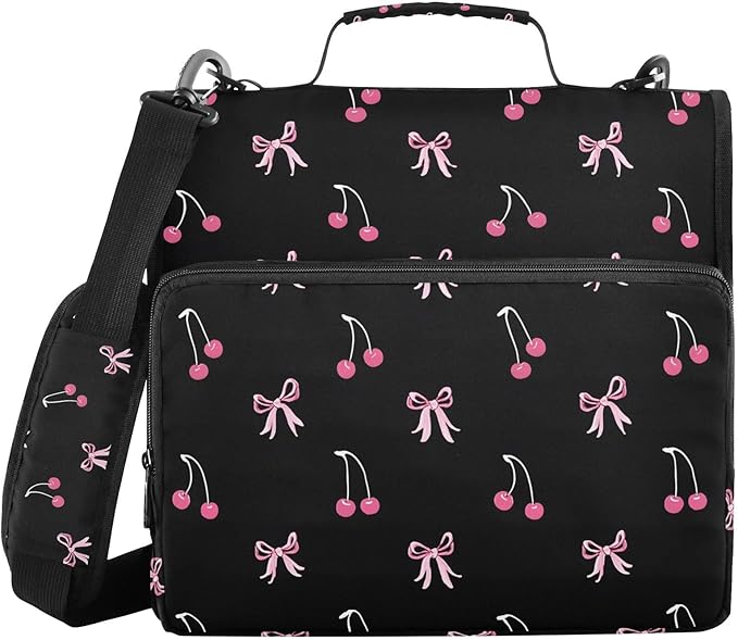 Black Pink Bow Cherry Zipper Binder Bag 3 Ring Binder with Shoulder Strap Zip Up 500 Sheets Capacity Multi Pockets for School Office Supplies