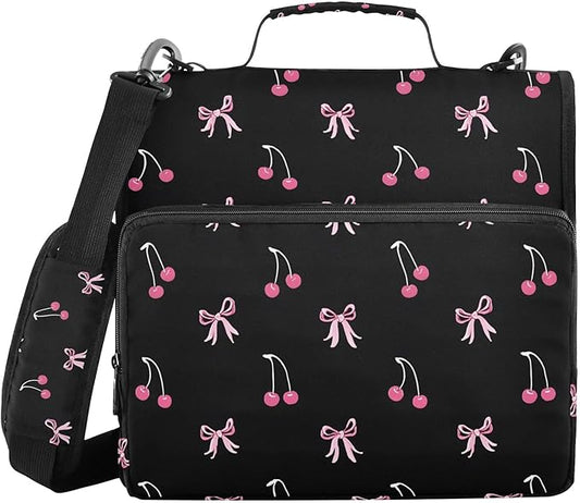 Black Pink Bow Cherry Zipper Binder Bag 3 Ring Binder with Shoulder Strap Zip Up 500 Sheets Capacity Multi Pockets for School Office Supplies