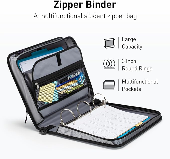 3 Inch 3 Rings Zipper Binder, Round Ring Binder with Expanding Files, Handle and Shoulder Strap, Green