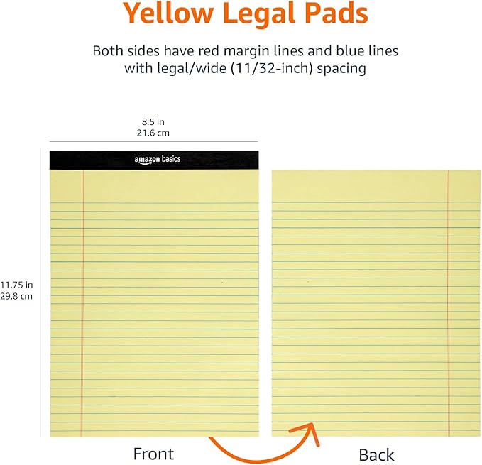 Amazon Basics Wide Ruled Lined Writing Pads, 8.5" x 11.75", Canary, 12-Pack of 50 Perforated Sheets, Sturdy Backing