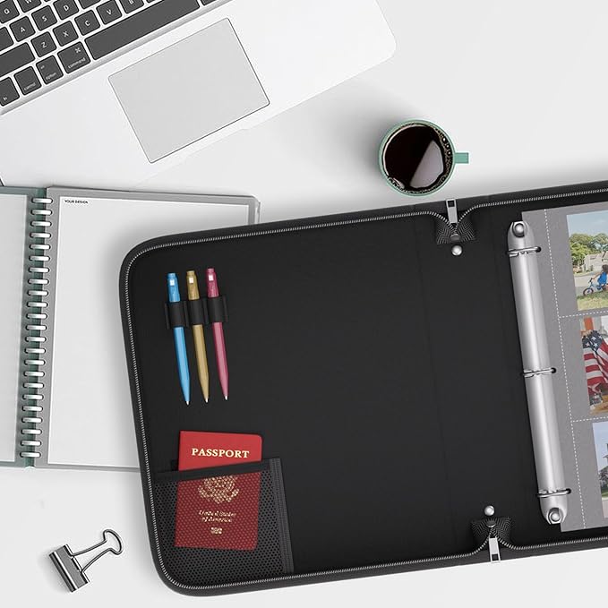 Fireproof 3 Ring Binder with Zipper,1 Inch D Rings Hold up 245 Sheets of 8.5" x 11" (A4),Compatible with Clear Page Protectors, Built-in net and Pen Holder (1 Pcs, Black, 1")