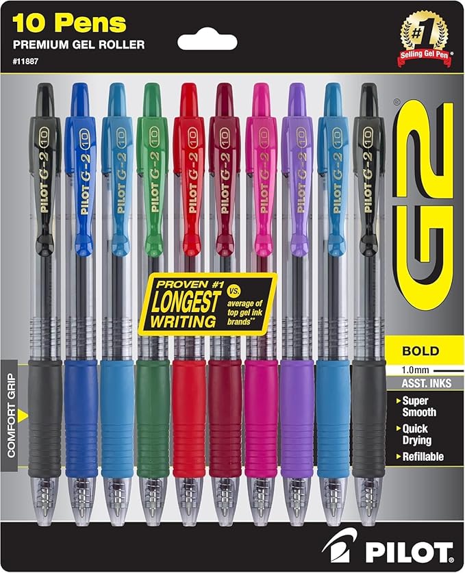 PILOT G2 Premium Retractable Gel-Ink Rolling Ball Pens,Bold Point (1.0mm),1.0 Gel Pens,Assorted - Ideal for School,Journaling,& Office Writing,(Pack of 20)