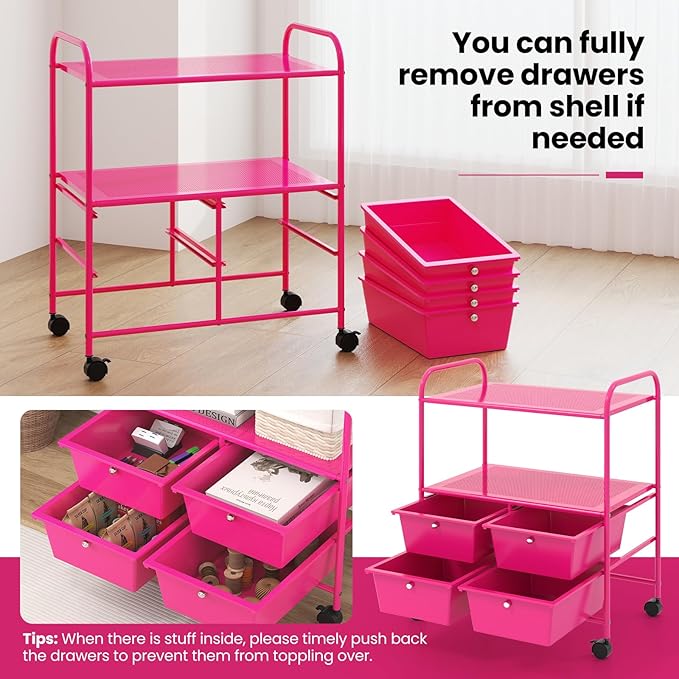 COSTWAY 4-Drawer Storage Cart, Mobile Storage Organizer w/Steel Frame & 360° Wheels, 4-Drawer Utility Cart for Living Room, Kitchen, Bathroom & Office, Hot Pink