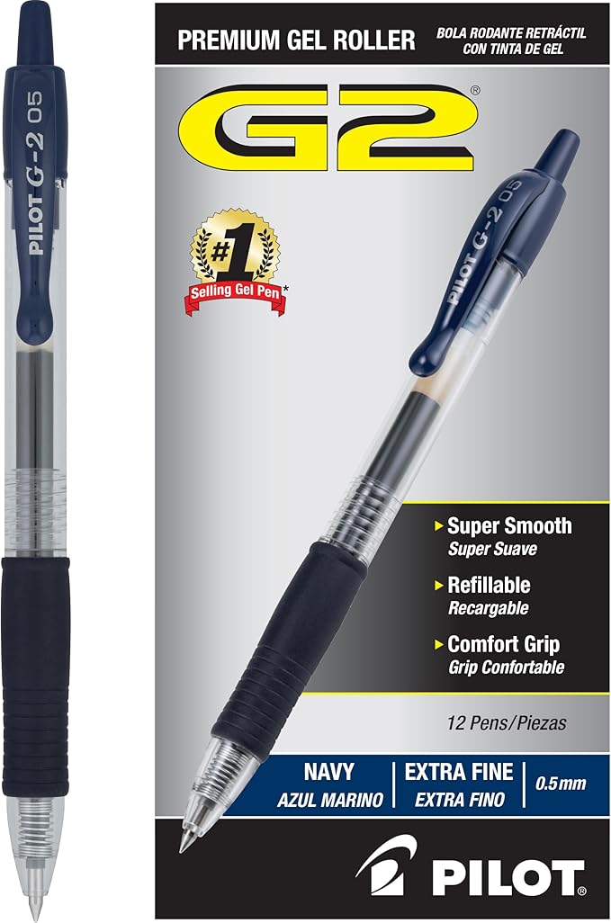 Pilot, G2 Premium Gel Roller Pens, Extra Fine Point 0.5 mm, Pack of 12, Navy