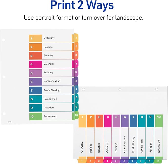 Avery Dividers for 3 Ring Binders, 10 Tabs per Set, Customizable Table of Contents, Multicolor Tabs, Great for Organizing Reports, Projects, and More (3 Sets of 11072)