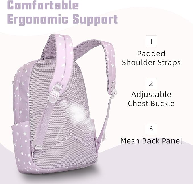 Flowers School Backpack for Girls, 3PCS Bookbags Set with Lunch Box Pencil Pouch Elementary Middle School Bag Laptop Back Packs (Daisy Purple)