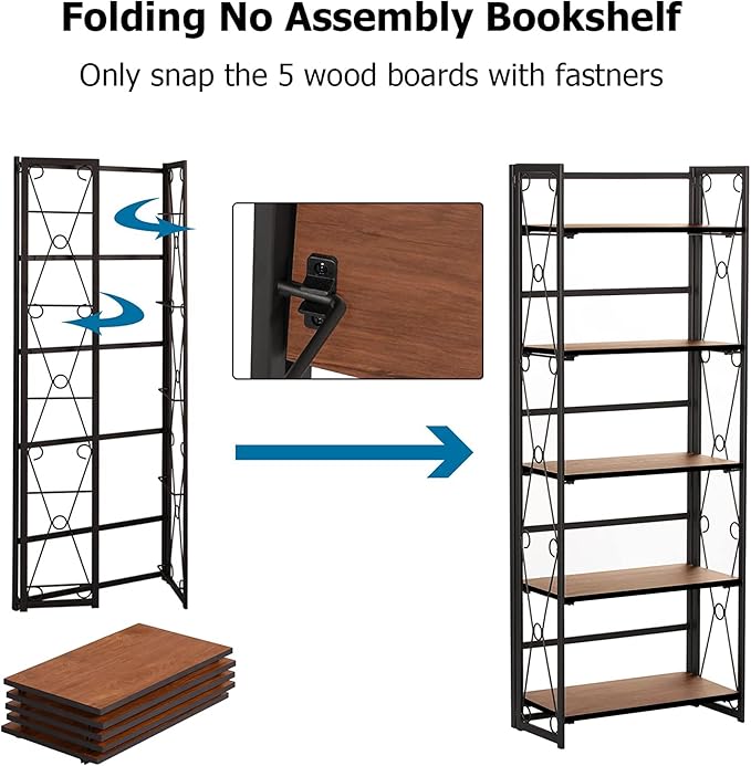 VECELO Folding Bookshelf 5-Tier,Industrial Metal Frame & Wood Shelves,Foldable Bookcase No Assembly Free Standing Storage Organizer for Living Room,Office,Bedroom