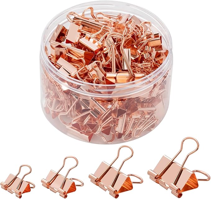Binder Clip Paper Clamps, Assorted Sizes (Mini, Small, Medium, Large), 100 Pcs Clips for Office School Supplies (Rose Gold)